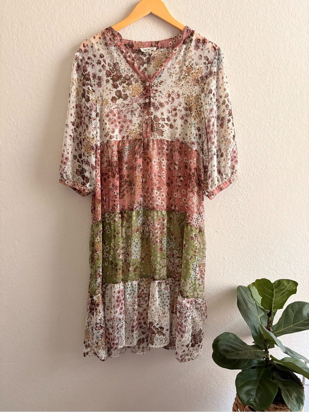 Hope Springs Floral Maxi Dress Sz L Green Pink Sheer Tiered Ruffled Boho Lined